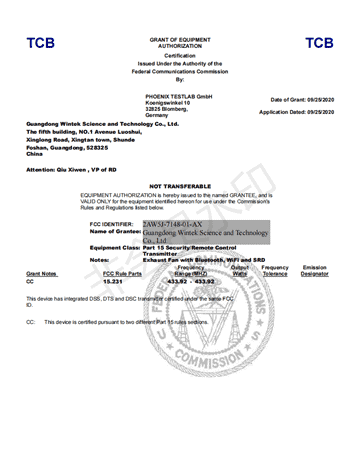 FCC TCB Certificate for Smart Bathroom Exhaust Fan with Wireless Control - BFF Brand