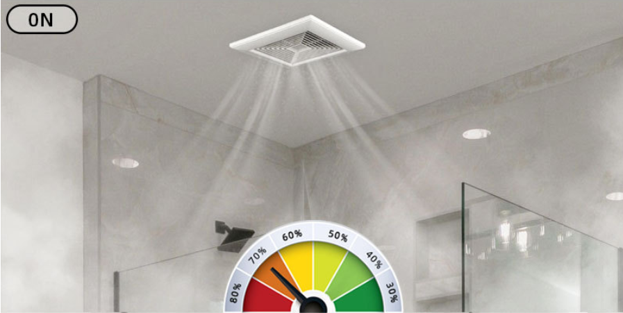 White square bathroom exhaust fan with humidity sensor and performance gauge overlay.