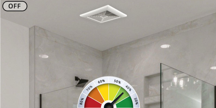 Modern square white bathroom exhaust fan with built-in humidity sensor installed on a tiled ceiling.