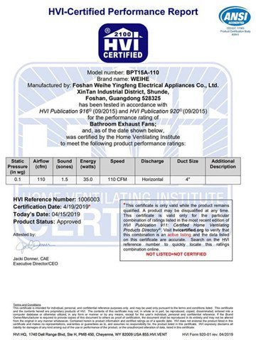 HVI Certified Performance Certificate for Bathroom Exhaust Fan - BFF Brand