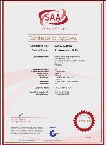 SAA Approval Certificate for Bathroom Exhaust Fans