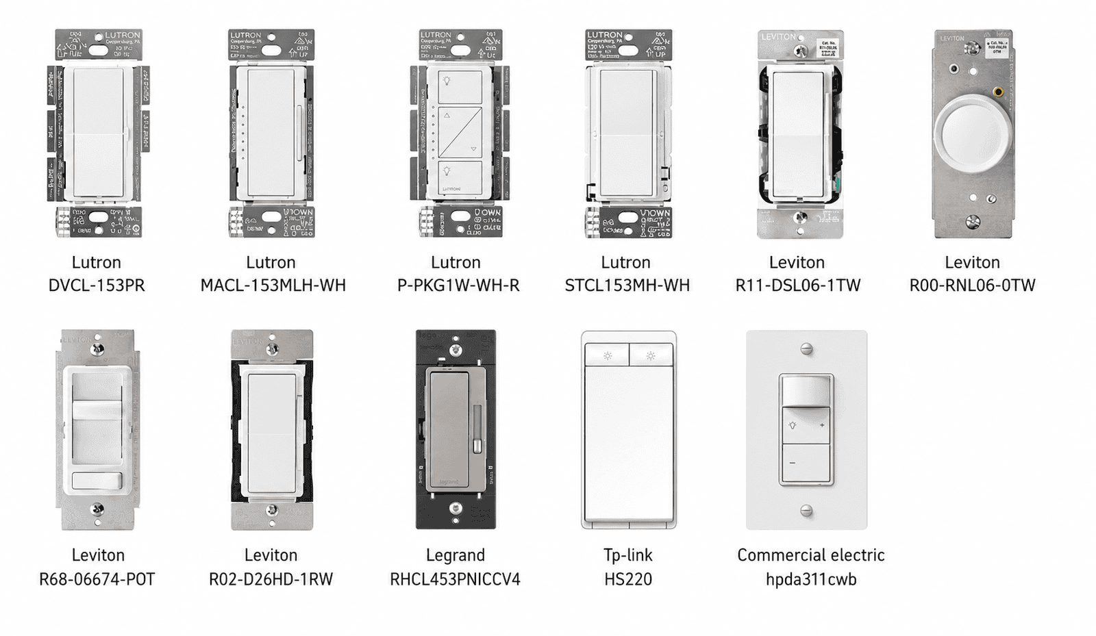 Compatible dimmer switch models for quiet bathroom exhaust fan with light, including Lutron, Leviton, Legrand, and TP-Link.
