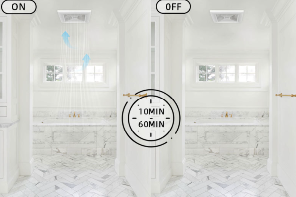 Ceiling-mounted white bathroom exhaust fan with humidity sensor and adjustable delay-timer functions.